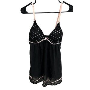 Cinema Etoile Black Pink Polka Dot Babydoll Lingerie Sheer Details Sz L